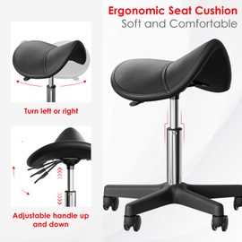 CLORIS Saddle Rolling Stool Hold up to 350 LBS Height Adjustable Swivel Chair Nylon Feet with Wheels for Spa, Massage, Salon, Home, Office, Medical, Tatoo, Bar Black