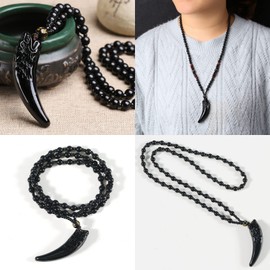 Soulnioi Black Onyx Crystal Bridge Beaded Bracelet and Vintage Obsidian Wolf Tooth Pendant Necklace