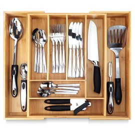 Pristine Bamboo Silverware Tray for Drawer Organizer,Kitchen Drawer Organizer,Cutlery Organizer in Drawer, Flatware Silverware Holder, Expandable Adjustable Wooden Dividers (8-slots)