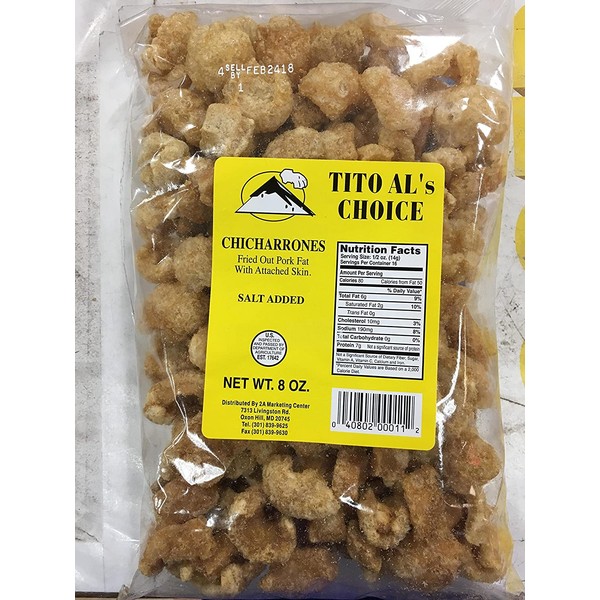 Tito Al's Choice Chicharrones (Fried out Pork Fat w/Attached Skin) 8 Oz / Pack of 2 (Salt Added)