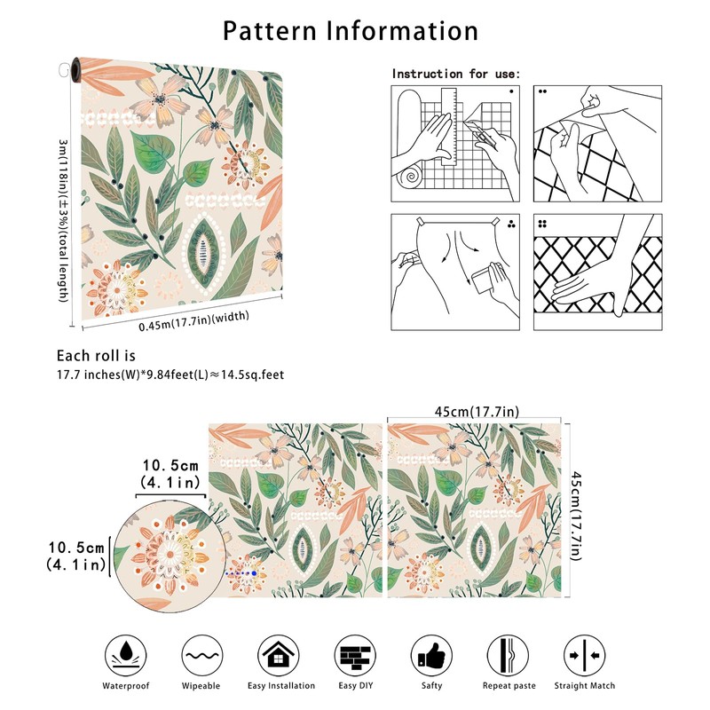 Floralplus Wallpaper Peel and Stick Boho Removable Floral Wall Paper