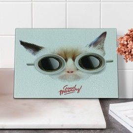Lunarable Funny Cutting Board, Funny Cat with Cups of Coffee Glasses on Her Eyes Office Reminder Pet Morning, Decorative Tempered Glass Cutting and Serving Board, Small Size, Cream Brown