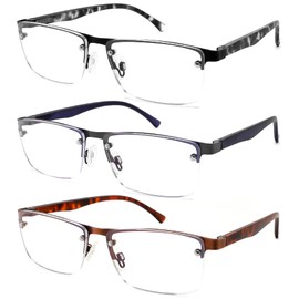 Readersoul 3 Pack Reading Glasses for Men Blue Light Blocking,Fashion Metal Half Frame Mens Computer Readers with Spring Hinge,Anti Eyestrain/Glare/UV 400 Semi Rimless Eyeglasses +1.25 Magnification