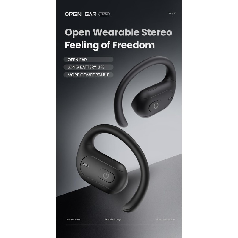 OPENEAR Lento Open-Ear Wireless Headphones, Rotatable Earhook, 24H Playtime w/Case,