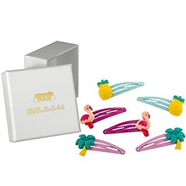 HAARallerliebst Hair Clips Set (6 Pieces | Pineapple, Flamingo and Palm Tree | Colourful) for Girls with Storage Box (Box Colour: White)