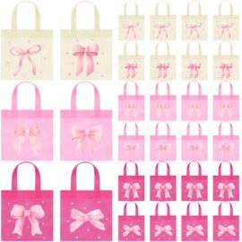 Honeydak 24 Pcs Coquette Pink Bow Gift Bags Reusable Non Woven Party Favors Bow Goodie Treat Bags with Handles for Baby Shower Birthday Wedding Bachelorette Party Supplies