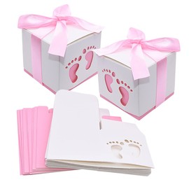 HADEEONG 50pcs Baby Shower Party Favor Boxes, Footprint Design Candy Treat Gift Boxes for Kids Birthday Baby Shower Guests Wedding Party Supplies with Ribbon,Pink