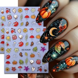 5D Embossed Cute Autumn Nail Decals 2 Sheets Fall Maple Leaf Nail Art Stickers Cartoon Fruit Pumpkin Mushroom Leaves Nail Design Thanksgiving Day Nails Adhesive Stickers for Women DIY Decoration