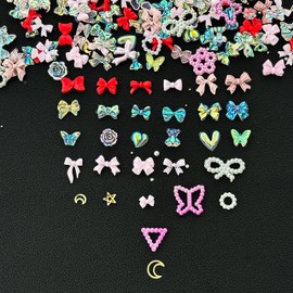 500Pcs Cute 3D Nail Charms and Gems Kit, Mix-Shape Bow Charms Butterfly Flower Heart Bear Pearl Gold Star Moon Shiny Nail Rhinestones, Mixed Nail Charms and Glitter Nail Sequins for Nail Art Design