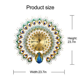 EURSON Large Peacock Wall Clock 27.6 inch Non-Ticking Silent Crystal Creative Personality Modern Art Decorative Wall Clocks for Living Room Decor