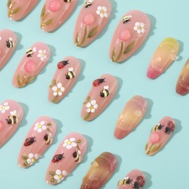 24Pcs Handmade Press on Nails Medium Almond Fake Nails with 3D Flower Bee Ladybug Designs Acrylic Nail Tips Cute Summer False Nail Artificial Glue on Nails Stick on Fingernails for Women