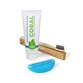 Coral Nano Silver Bundle, Natural Fluoride Free Teeth Whitening Toothpaste, Toothpaste Squeezer and Bamboo Toothbrush, Coral Calcium Nano Silver Infused SLS Free - 4 Ounces (Mint)