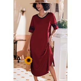 Ekouaer Long Nightgown, Womens V Neck Loungewear Oversized Sleepwear Loose Sleep Dress Wine Red