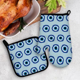 Mingnei Evil Eye Oven Mitts and Pot Holders Sets, Blue Evil Eye Heat Resistant Potholder Kitchen Decor for Cooking Baking BBQ Grilling, Preppy Evil Eye Oven Glove Set Kitchen Decor