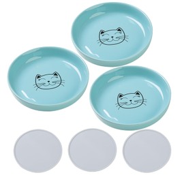 Lusifaco Shallow Cat Food Bowls - 5.9 Inch Wide Ceramic Anti Whisker Fatigue Cat Dishes Set With Non-Slip Silicone Mat - Kitten Plates for Food and Water - 3 Pack (Blue)