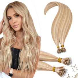 TESS Nano Tip Hair Extensions Real Human Hair Nano Ring Beads Included #18P613 Ash Blonde & Bleach Blonde - Cold Fusion 50 Strands 35g - 20 Inch