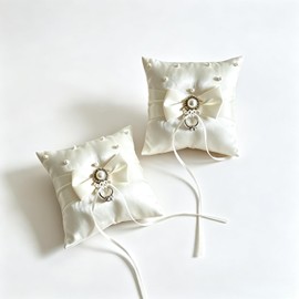 2PC Admireshun Ivory Satin Bow Ring Bearer Pillows, 5.9 Inch Square