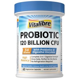Vitalibre Probióticos para mujeres y hombres, 120 mil millones de UFC, 34 cepas, con enzimas digestivas y prebióticos, sin gluten, para la salud...   