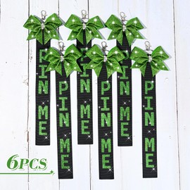 6 PCS Cheer Ribbon Bag Keychain with Rhinestones and Competition Pin for Teen Girls' Cheerleading Sports Accessory (Green)