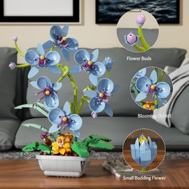 itshWOee Blue Orchid Flowers Bouquet Building Set, Botanical Collection Artificial Plant for Home Décor, Ideal Gifts for Mother's Day, Anniversary, Birthday