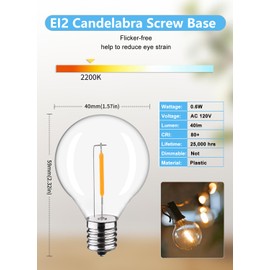 FUTIME 50Pack Plastic C7/G40 Replacement LED Light Bulbs - 0.6W Equivalent to 7W Incandescent Bulbs 2700K, E12 Screw Base Shatterproof & Waterproof LED Globe Light Bulbs for Outdoor String Lights
