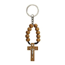 Olive Wood Prayer Bead One Decade Rosary with Cross Crucifix Keychain, 5 1/2 Inch