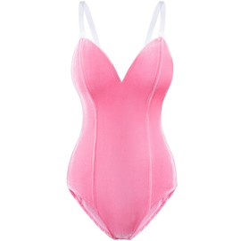 Women Velvet Bunny Costume Bunny Girl Suit Costume Senpai Cosplay One Piece Bodysuit Stockings Set(Pink M)