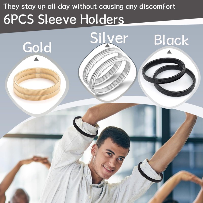 6-Pack Sleeve Holders for Women Men, Stretchy Metal Sleeve Garters,
