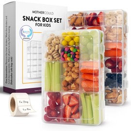 Large Kids Snack Box Containers Set of 2 -100 Labels, BPA-Free, Adjustable Compartments, Dishwasher Safe, Reusable Tray, Food Grade, Meal Prep Container, PARENT TESTED PARENT APPROVED AWARD (Clear)