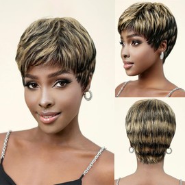 PORSMEER Short Human Hair Wig Pixie Cut Wigs for Women Short Straight Boy Cut Wig Ladies Glueless Layered None Lace Front Wig with Fringe (Black mix blonde)