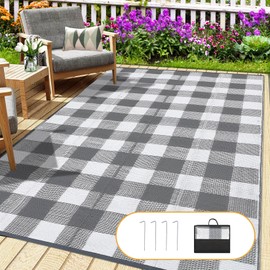 GlowSol 9x12 Outdoor Rugs Waterproof Reversible Outdoor Plastic Straw Rug, Checkered Patio Rug, Indoor Outdoor Carpet, RV Mat Outside for Camping, Picnic, Balcony, Deck, Backyard, Grey & White