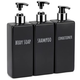 Segbeauty Shampoo Bottles, Dispensers, Refill Bottles, Set of 3, 16.9 fl oz (500 ml), Black, Square Containers, Large Capacity, Stylish, Leak Proof, Easy Installation, Bathroom, Washroom, Alcohol,