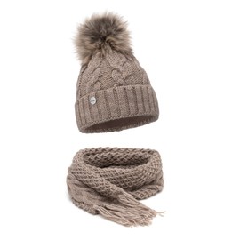 ELIMELI® Winter Hat Women's Hat with Fur Bobble Fleece Lining - Warm Women's Bobble Hat Knitted Hat - Winter Hat with Faux Fur Bobble - Slouch Knitted Beanie Made in EU, Cappucino - Hat with Scarf, Einheitsgröße