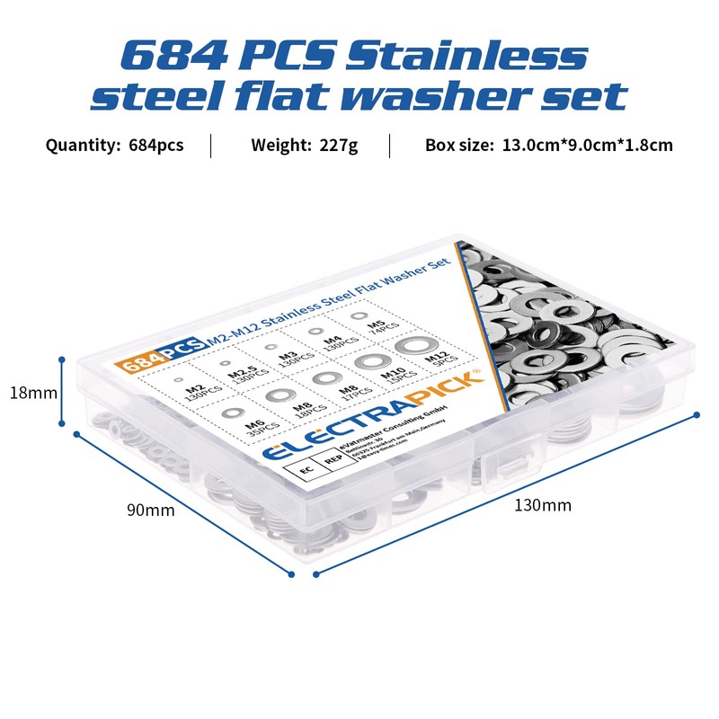 electrapick 684 Pieces Flat Washers, Stainless Steel Washers with 9