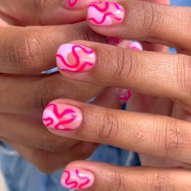 Pink Press on Nails Irregular Ripple Fake Nails Short Square False Nails with Design Pink Curve Glue on Nials Artificial Acrylic Nail Full Cover French Tip Stick on nails for Women Manicure 24pcs