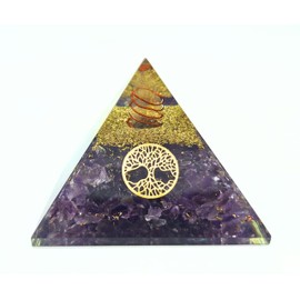 Orgonite Pyramid with Real Gemstones Energy Harmonisation with Healing Stones Copper Spiral Tree of Life Energy Protection Happiness Harmony (Ametyst (Purple), 6 x 6 cm)