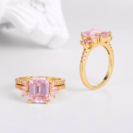 LAZLUVU Classic Cubic Zirconia Engagement Rings 18K Gold Pink Stone Stackable Wedding Rings Bridal Set Promise Ring Jewelry Gift for Women Wedding Anniversary Size 7