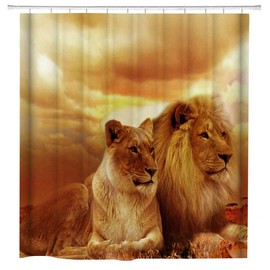 hipaopao African Animal Lion Couple Fabric Shower Curtain Sets Bathroom Decor with Hooks Waterproof Washable 72 x 72 inches Brown and Yellow