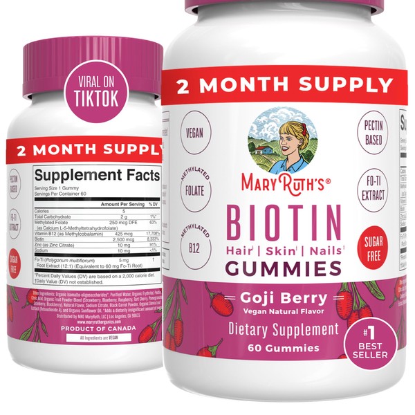 MaryRuth Organics Biotin | Sugar Free | 2 Month Supply | Biotin Gummies | Biotin Vitamins for Hair Skin & Nails | Biotin Gummies for Hair Growth | Vegan | Non-GMO | Gluten Free | 60 Count