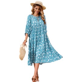 R.Vivimos Womens Summer Casual Midi Dress Lantern Sleeve Tie V Neck Boho Floral Print Loose Fit Flowy Long Dresses (Large, LightBlue)