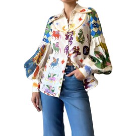 Women's Long Puff Sleeve Lapel Button Graffiti Printed Bodycon Sexy Nightclub Party Blouse Shirts Tops White