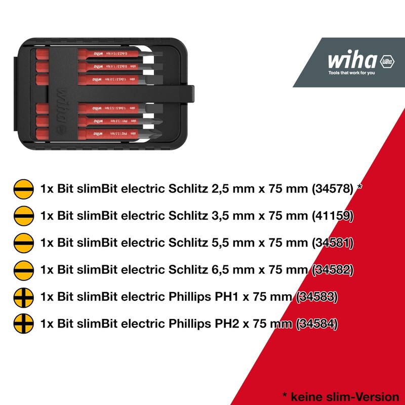 Wiha 43159 Slim Bit Set Electric Slotted Phillips 6-Piece Including