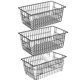 blitzlabs Wire Storage Basket Organizer Bins Farmhouse Metal Basket Pantry Large Organizing Storage Bin Baskets for Kitchen Cabinets, Pantry, Freezer, Bathroom,Closets-Set of 3-Black