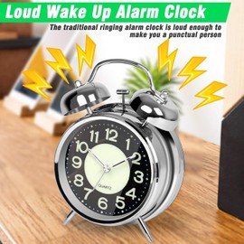 Genérico RU-con Ta/ble Clock Alarm Super Loud for Heavy Sleepers Retro Twin Bell Metal Frame Clock with Night Backlight Function Bedside Luminous Alarm for Bedroom/Office (Silver Redium 11.4cm)