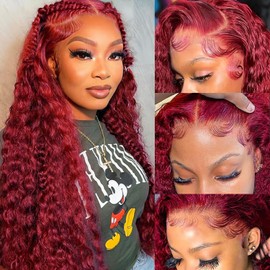 HILYN Burgundy Red Lace Front Wig Curly Glueless Lace Front Wigs for Black Women Synthetic Heat Resistant Fiber Hair Wigs 26 Inch
