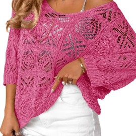 Women's Crochet Hollow Out Shirts 3/4 Sleeve Pullover Sweater Bohemian-Inspired Beige Crochet Top Round Neck Springtok CasualSize: L, Color: Rose red