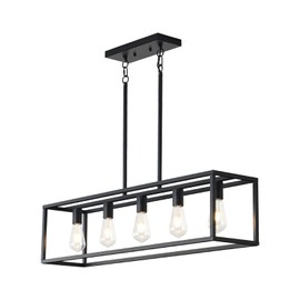 FOVICY Black Farmhouse Kitchen Island Lighting, Modern Industrial Chandelier, 5-Light E26 Linear Rectangular Hanging Light Fixture for Living Dining Room Bedroom Kitchen Island