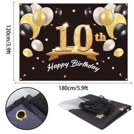 PAKBOOM Happy 10th Birthday Banner Backdrop - 10 Birthday Party Decorations Supplies for Boys - Black Gold 4 x 6ft