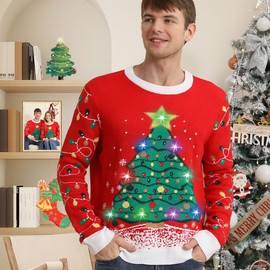 Ugly Christmas Sweater for Men and Women, LED, Glitter Xmas Jumper, Funny Christmas Sweater, Flashing Christmas Jumper for Men/Women, Black/Red, Christmas tree