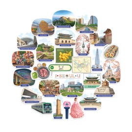Navy Peony Energetic Seoul Travel Stickers (28pcs)-Gouache, Spring, South Korea, Korean City-Themed Vacation Stickers for Scrapbooks, Journals